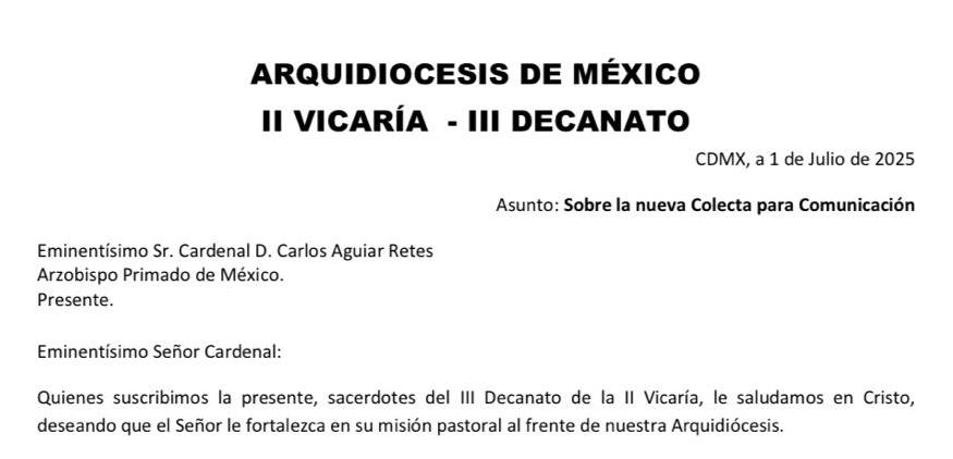 Presbiterio envía carta al arzobispo de México Carlos Aguiar: “Otra colecta es un castigo a nuestra economía”