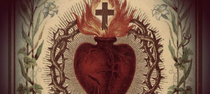 Ilustración del Sagrado Corazón de Jesús con corona de espinas y cruz ardiente