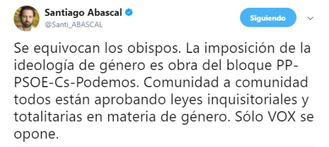 Abascal responde a los obispos que ‘la imposición de la ideología de género es obra del bloque PP-PSOE-Cs-Podemos’