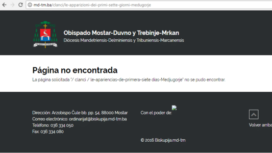 Actual estado de la página web de la Diócesis de Mostar, donde se había publicado el crítico artículo de los obispos con Medjugorje.
