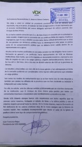 Carta del presidente de VOX Almería a Gómez Cantero
