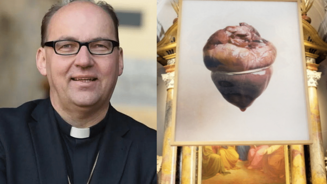 Obispo de Austria defiende la decoración de una iglesia con la imagen de un corazón de cerdo dentro de un preservativo