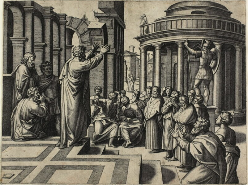 Saint Paul Preaching in Athens by Marcantonio Raimondi (after Raphael), c. 1517-20 [Art institute of Chicago]