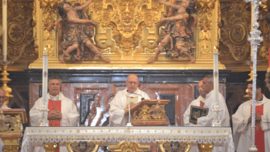 Monseñor Santiago Gómez Sierra durante la Misa en el Rocío
