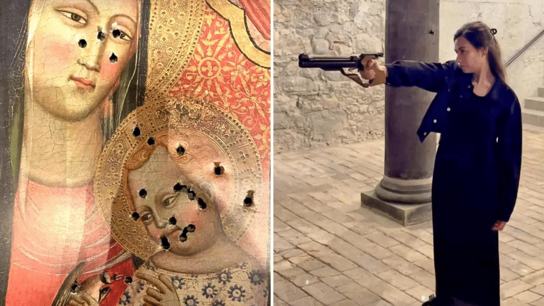 Política suiza se fotografía en redes disparando contra una imagen de la Virgen con el Niño