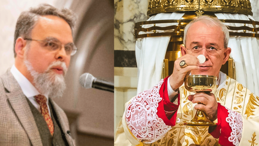 El profesor Peter Kwasniewski dando una conferencia y un sacerdote celebrando la liturgia tradicional