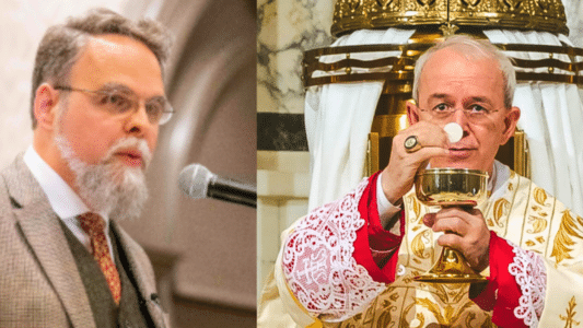 El profesor Peter Kwasniewski dando una conferencia y un sacerdote celebrando la liturgia tradicional