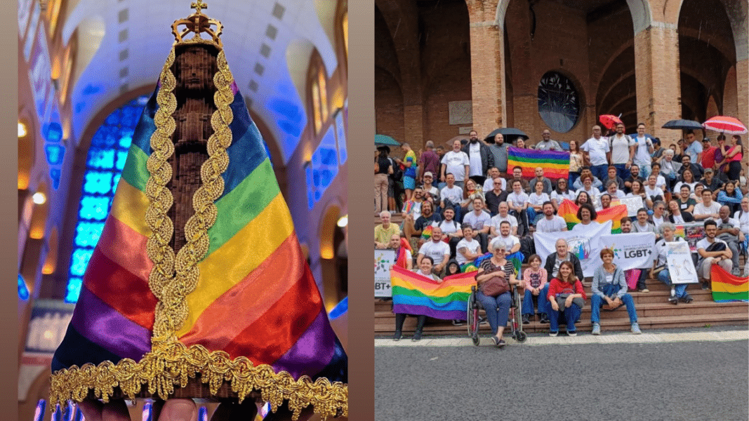Grupo LGTB brasileño cubre a la Virgen de la Aparecida con un manto con la bandera gay