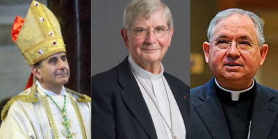 De izquierda a derecha: Mario Delpini (arzobispo de Milán); Laurent Ulrich (arzobispo de París) y José Horacio Gómez (arzobispo de Los Ángeles)
