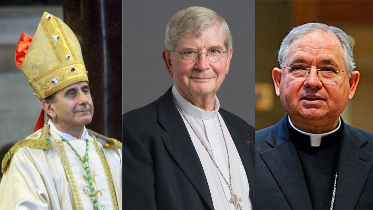 De izquierda a derecha: Mario Delpini (arzobispo de Milán); Laurent Ulrich (arzobispo de París) y José Horacio Gómez (arzobispo de Los Ángeles)