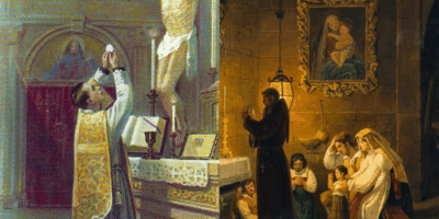 Sacerdote celebrando la Misa tradicional relacionada con Summorum Pontificum, mientras fieles rezan pidiendo que Santidad restablezca la unidad litúrgica.