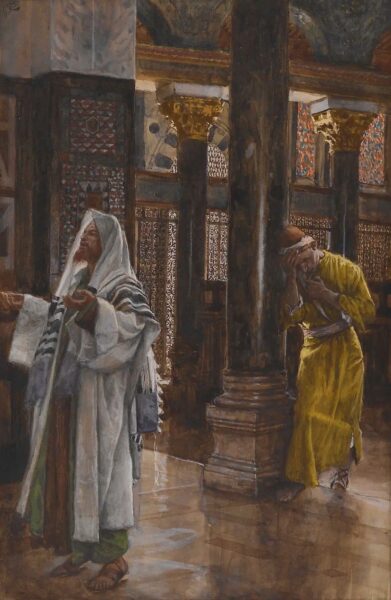 Bajando de categoría: fariseo orgulloso y publicano humilde orando en el templo