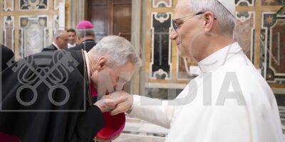 El arzobispo Georg Gänswein besa el anillo del Papa León XIV durante una audiencia en el Vaticano.