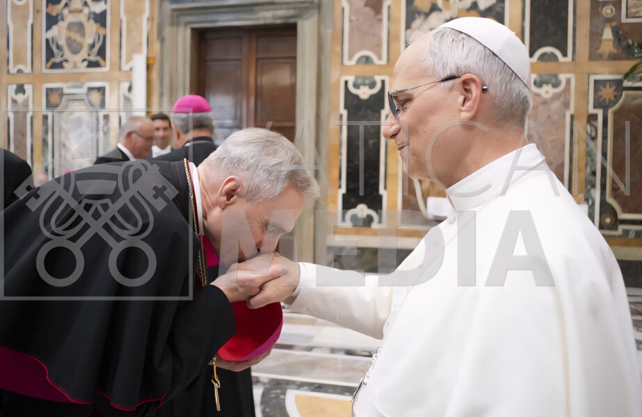 El arzobispo Georg Gänswein besa el anillo del Papa León XIV durante una audiencia en el Vaticano.