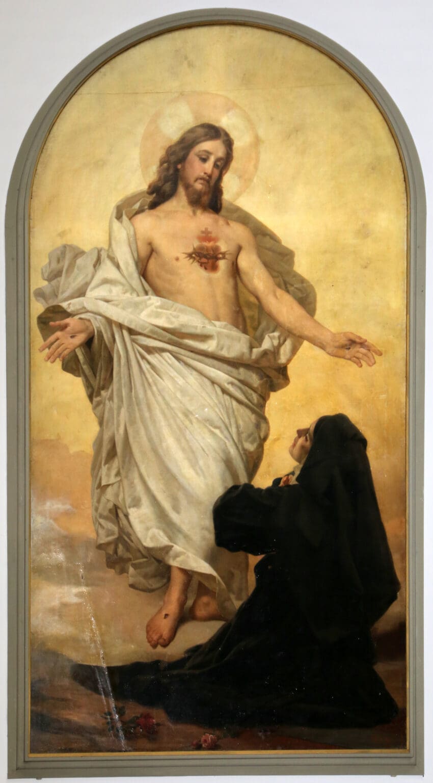 Jesús mostrando el Sagrado Corazón a santa Margarita María, devoción al Sagrado Corazón en Occidente