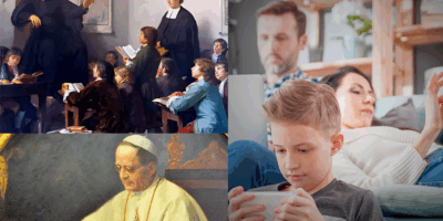 Comparación visual entre la educación cristiana tradicional y la realidad moderna en familia, con Papa Pío XI escribiendo sobre la formación de la juventud.