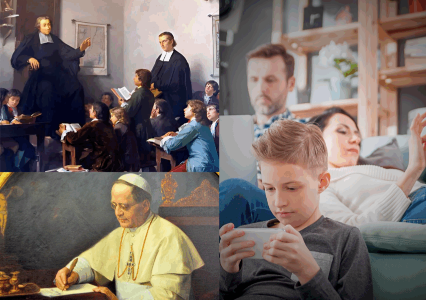 Comparación visual entre la educación cristiana tradicional y la realidad moderna en familia, con Papa Pío XI escribiendo sobre la formación de la juventud.