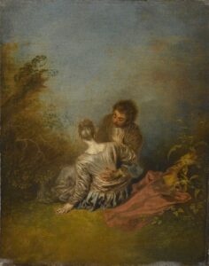 Una oda al divorcio: pintura de una pareja sentada en un entorno natural que sugiere intimidad y distanciamiento emocional