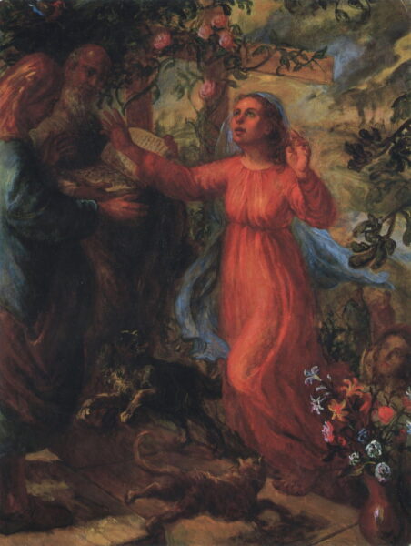 La fe de Isabel en la Visitación representada en una pintura religiosa, con Isabel y María en un encuentro espiritual.