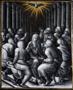 La Santísima Virgen María rodeada de los Apóstoles en Pentecostés con la presencia del Espíritu Santo en forma de paloma