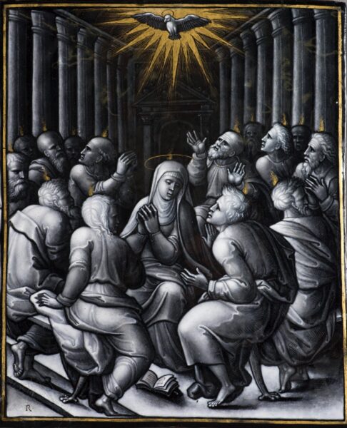 La Santísima Virgen María rodeada de los Apóstoles en Pentecostés con la presencia del Espíritu Santo en forma de paloma