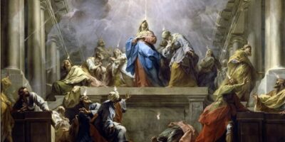 Leon XIV - La Virgen María y los Apóstoles recibiendo el Espíritu Santo en Pentecostés, bajo un rayo de luz divina.