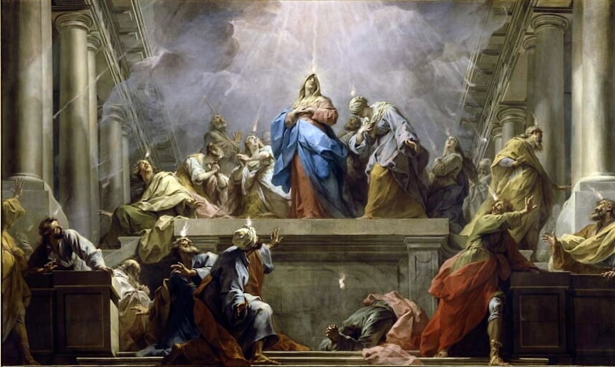 Leão XIV - A Virgem Maria e os Apóstolos que recebem o Espírito Santo no Pentecostes, sob um raio de luz divina.