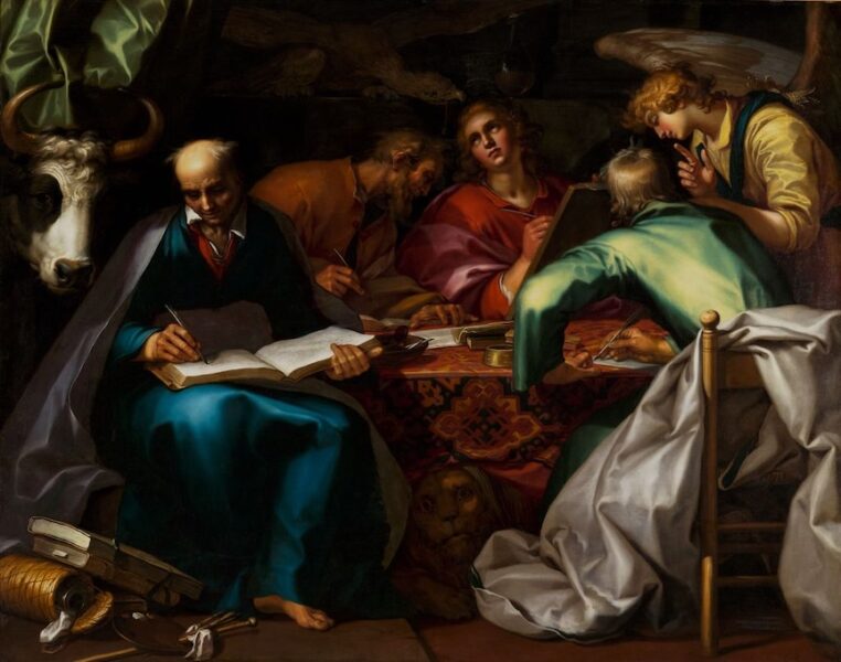 Evangelistas inspirados al escribir, representando cómo amar a Dios con toda la mente