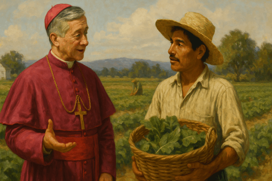 El cardenal Cupich representado como figura paternal frente a un trabajador inmigrante, en una imagen que refleja la lógica de los amos blancos
