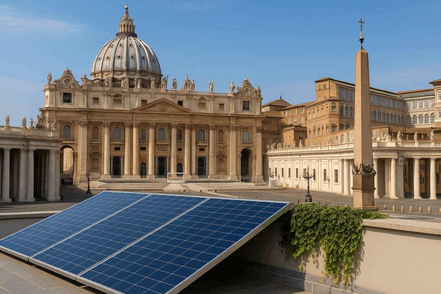 Panel solar frente a la Basílica de San Pedro en el Vaticano como parte de una iniciativa ecosostenible.
