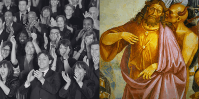 Representación visual del vicio del protagonismo: una multitud aplaudiendo y una figura tentada por el demonio.