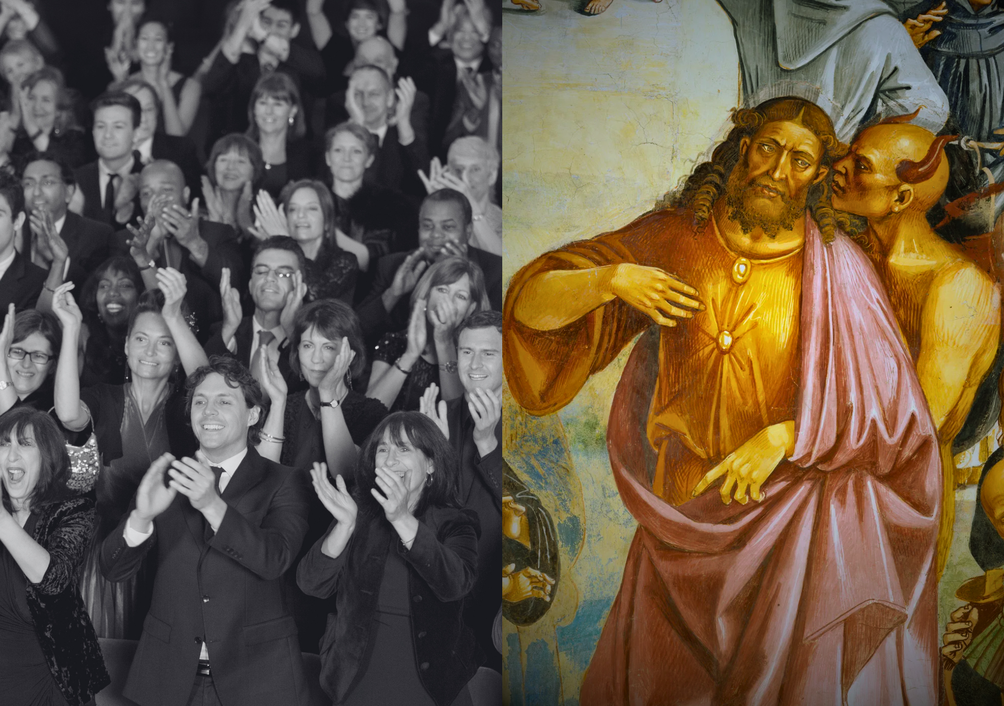 Representación visual del vicio del protagonismo: una multitud aplaudiendo y una figura tentada por el demonio.