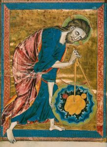 Dios como Creador trazando el cosmos con un compás, simbolizando el sentido de la vida desde la perspectiva cristiana.