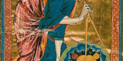 Dios como Creador trazando el cosmos con un compás, simbolizando el sentido de la vida desde la perspectiva cristiana.