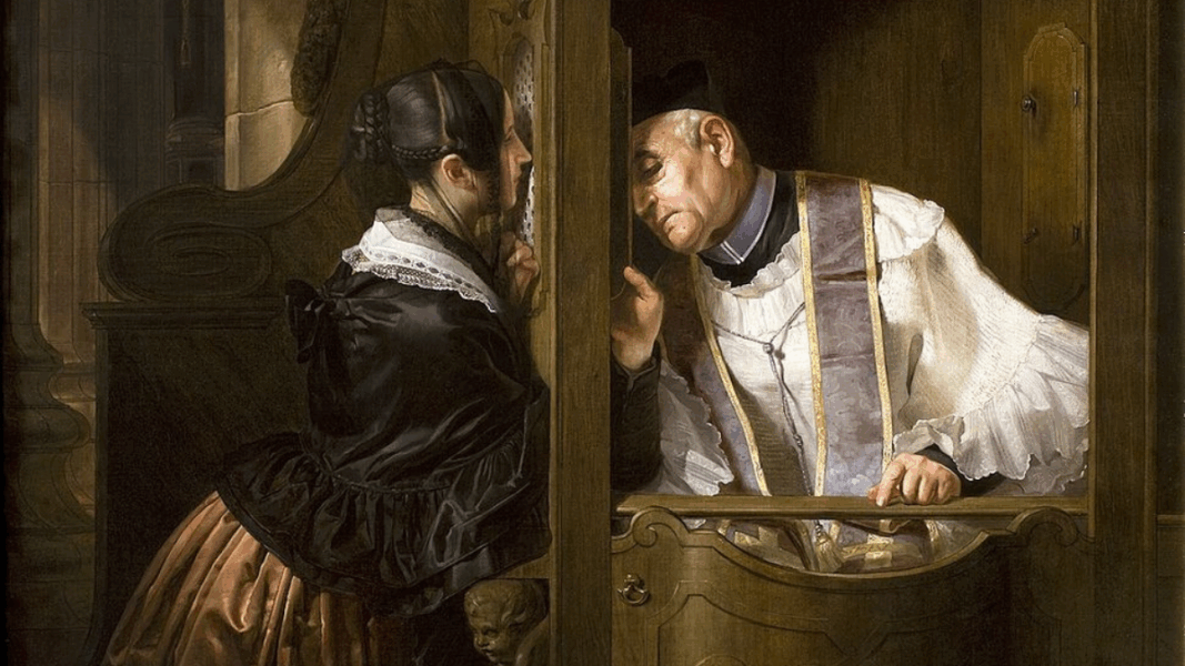 Sacerdote escuchando confesión en un confesionario tradicional, simbolizando la desaparición del sacramento.