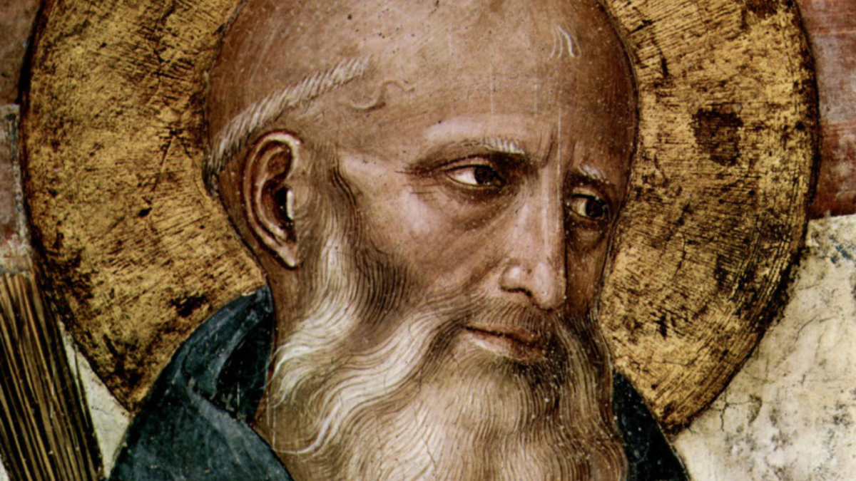 Retrato de San Benito de Nursia con halo dorado, representando sus enseñanzas espirituales.