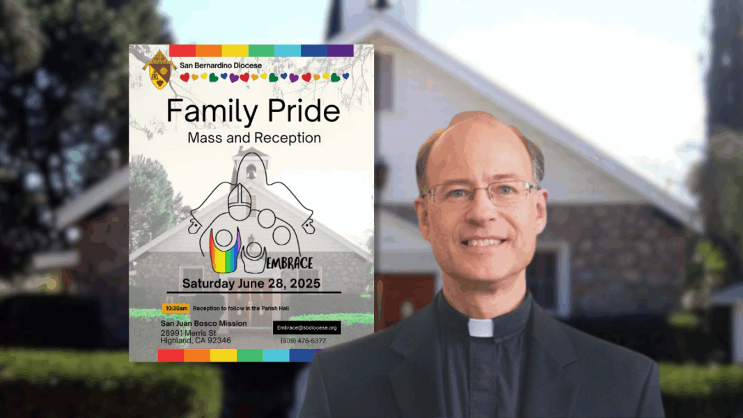 Cartel de la Misa del Orgullo Familiar en la diócesis de San Bernardino junto al retrato del sacerdote celebrante, frente a una iglesia.