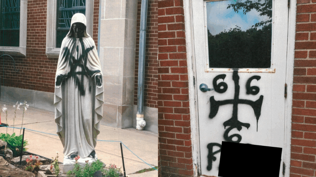 Estatua de la Virgen María vandalizada con pintura negra en iglesia de Estados Unidos