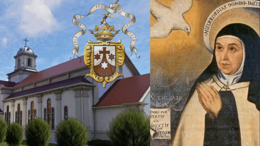 Escudo carmelita, monasterio y Santa Teresa representando la vida de oración de las Flores del Carmelo