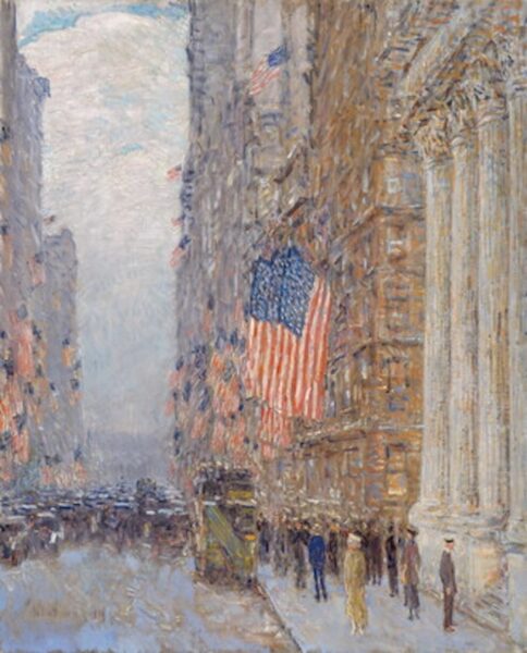 Calle de Nueva York con bandera estadounidense, simbolizando la democracia y sus fundamentos, en relación con la frase 'la democracia muere cuando niega