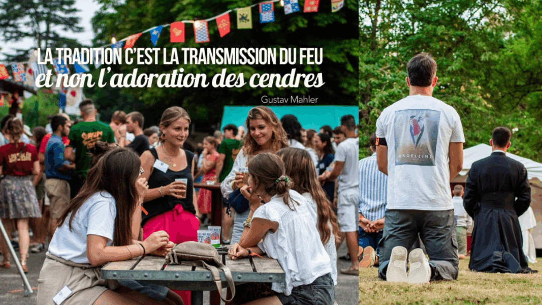 Jóvenes católicos en un festival de verano con misa tradicional en latín, convivencia y oración al aire libre.