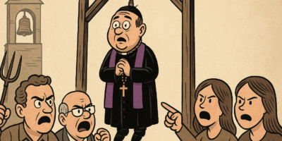 Escándalo en Trévelez: ilustración de un sacerdote colgado simbólicamente en una horca mientras un grupo de personas enfadadas lo increpan con gestos acusadores.