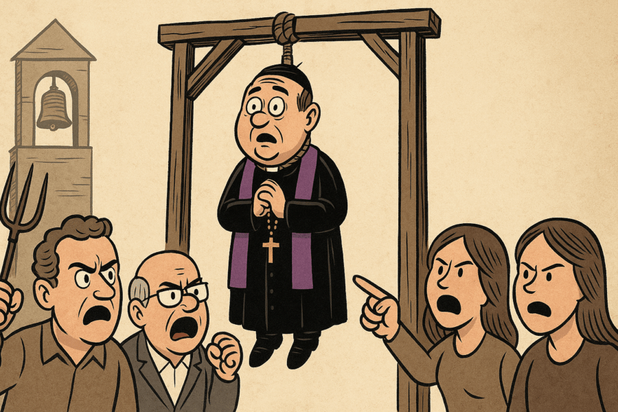 Escándalo en Trévelez: ilustración de un sacerdote colgado simbólicamente en una horca mientras un grupo de personas enfadadas lo increpan con gestos acusadores.