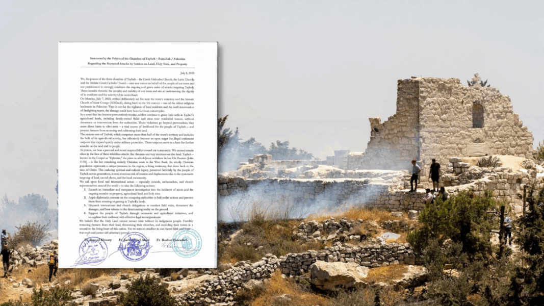 Documento eclesial sobre ataques a Taybeh, el último pueblo cristiano de Palestina, con fondo de ruinas y humo en Cisjordania.