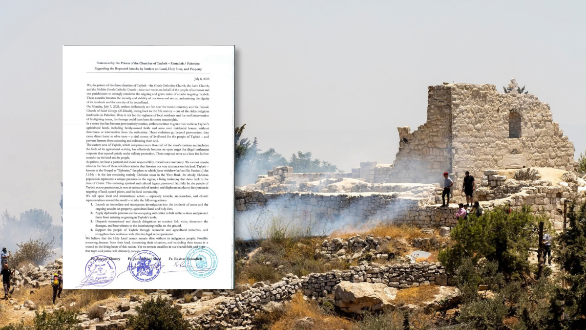 Documento eclesial sobre ataques a Taybeh, el último pueblo cristiano de Palestina, con fondo de ruinas y humo en Cisjordania.