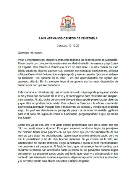 Venezuela prohíbe la salida al cardenal Porras y retiene su pasaporte