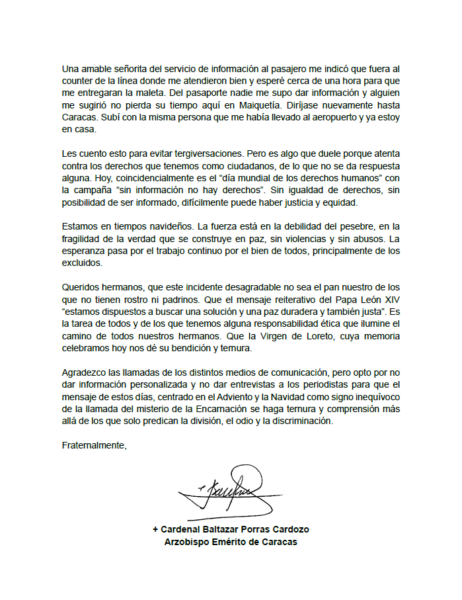 Venezuela prohíbe la salida al cardenal Porras y retiene su pasaporte