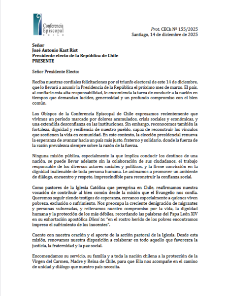 Obispos de Chile al nuevo presidente electo: «Cuente con nuestra oración y el aporte de la acción pastoral de la Iglesia»