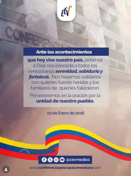 La Conférence épiscopale vénézuélienne appelle à la prière, à l'unité et au rejet de la violence face à la situation du pays