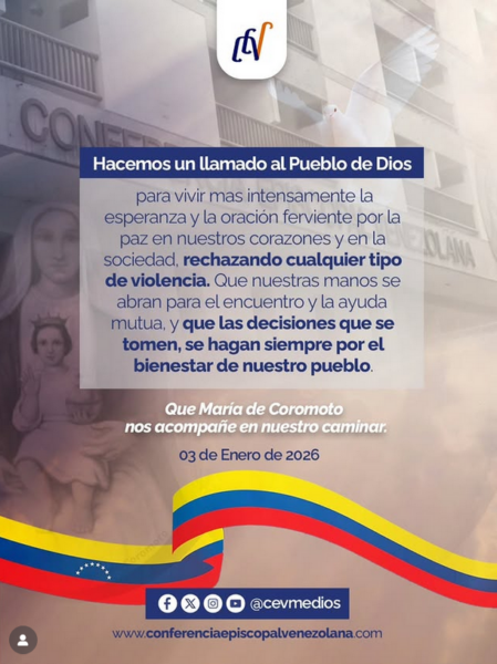 La Conférence épiscopale vénézuélienne appelle à la prière, à l'unité et au rejet de la violence face à la situation du pays